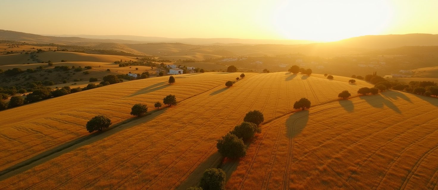 Vista aérea da paisagem do Alentejo com campos dourados e olivais, ao entardecer