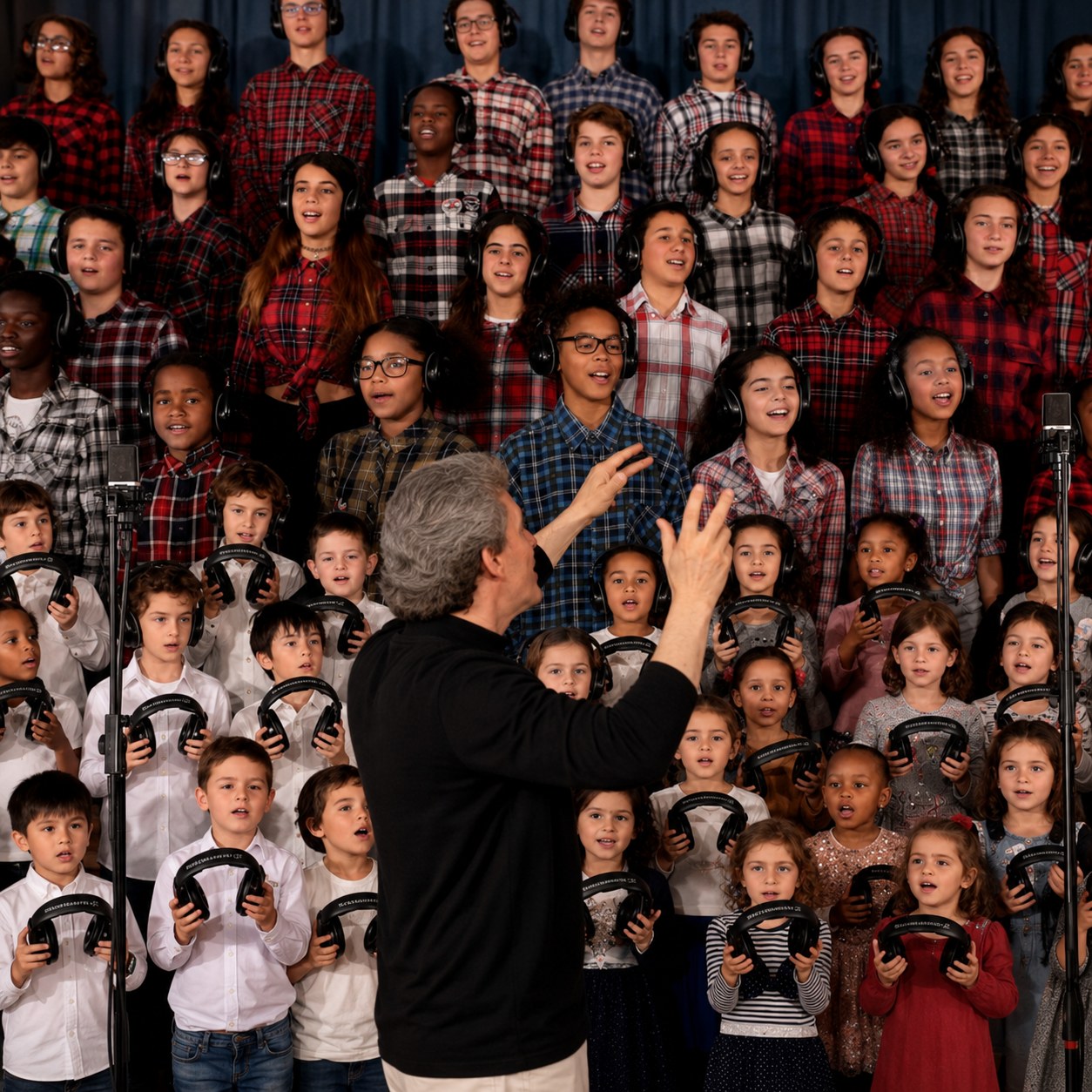 Coro de alunos de várias idades, de auscultadores, a cantar dirigidos pelo maestro